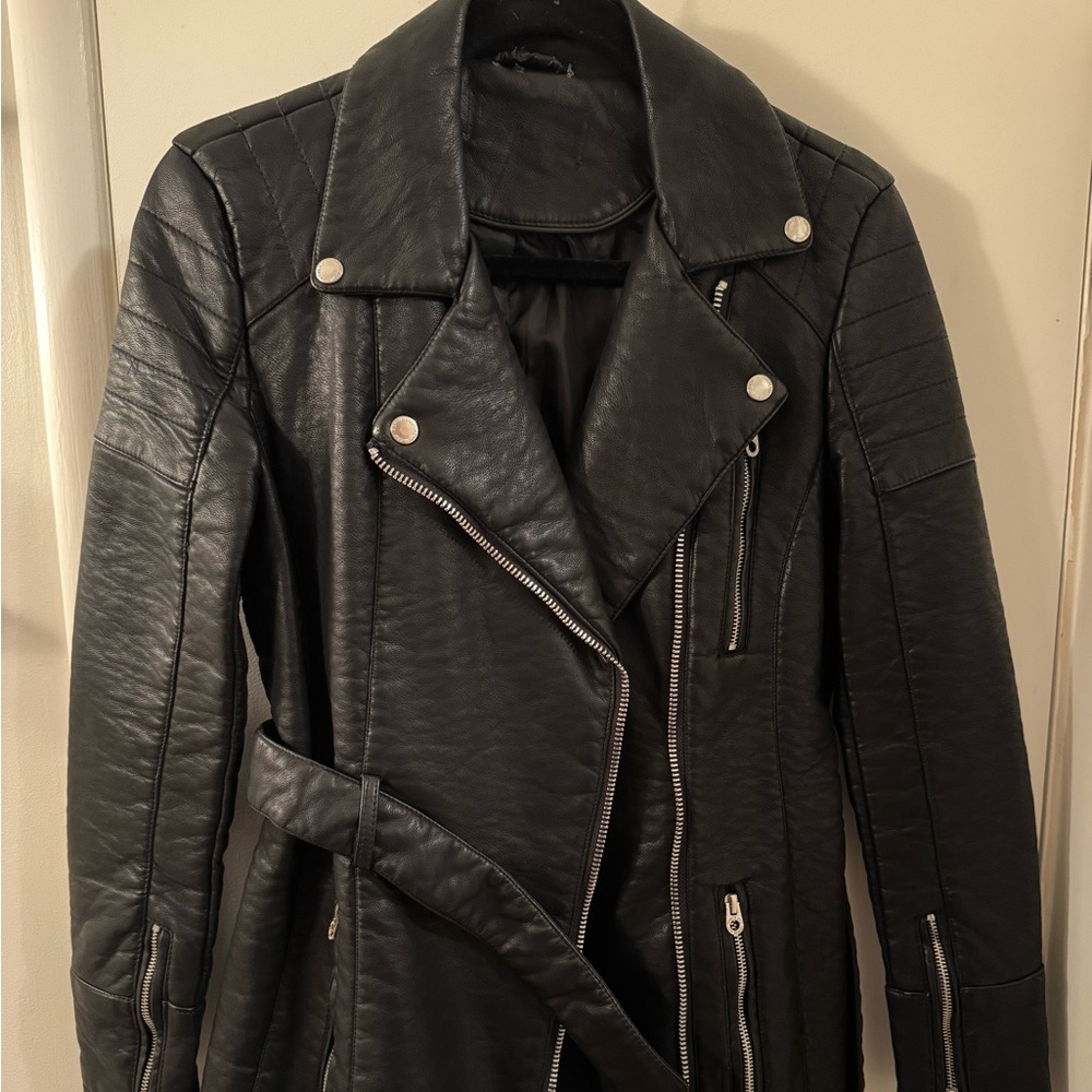 Members only vegan faux leather jacket mid thigh trench coat style